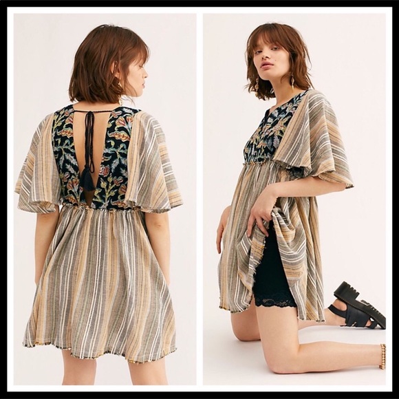 FREE PEOPLE BOHO BLACK PRINT MINI TUNIC DRESS A2C - Picture 2 of 8